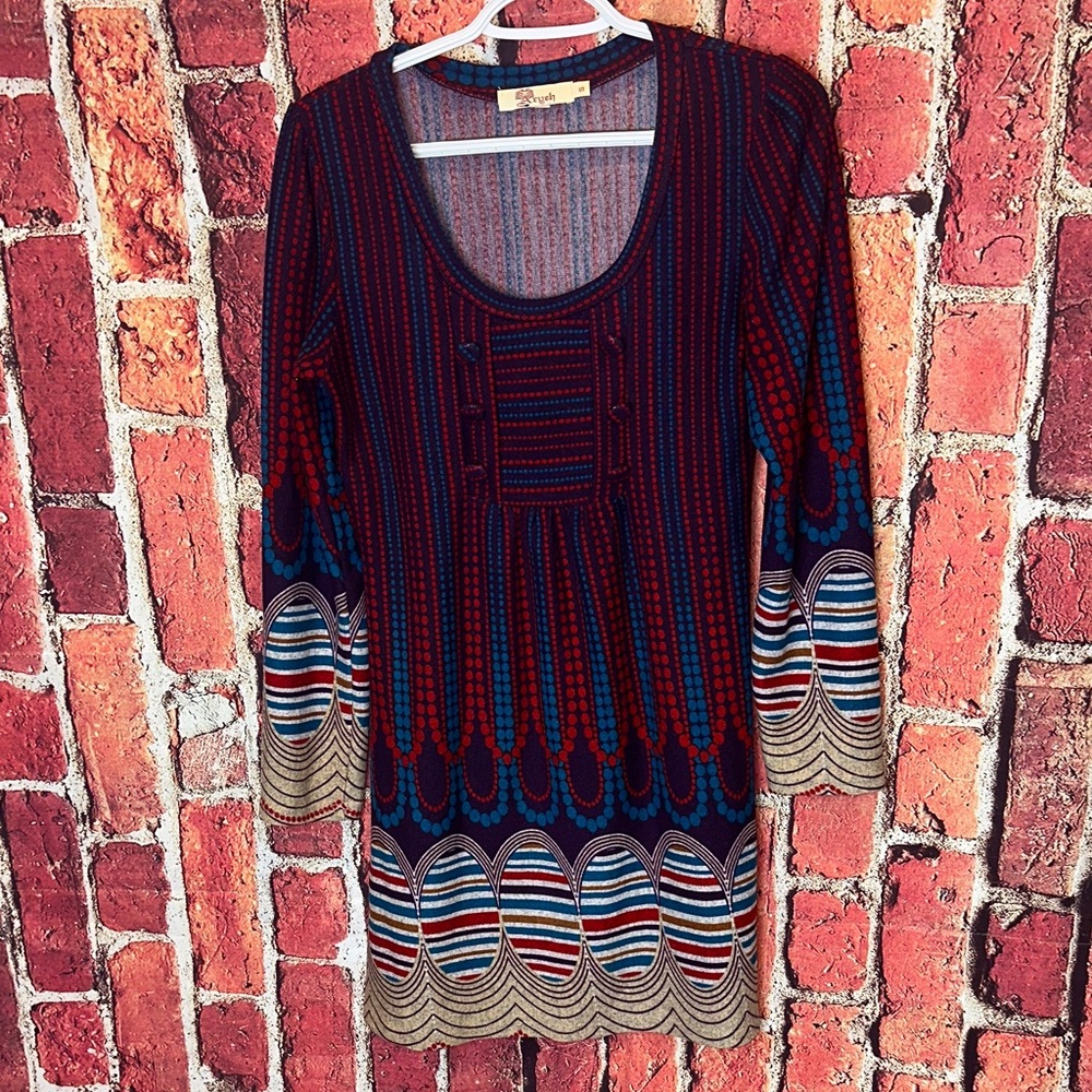 Aryeh Sweater Dress Purple Red Long Sleeve Polka Dot Striped Geo Blue size small